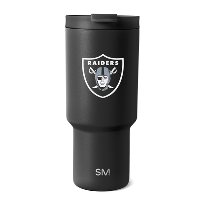 Matte black Raiders tumbler with white and silver logo design, featuring a sleek and sophisticated finish.