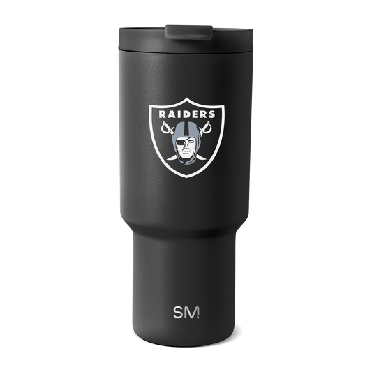 Matte black Raiders tumbler with white and silver logo design, featuring a sleek and sophisticated finish.