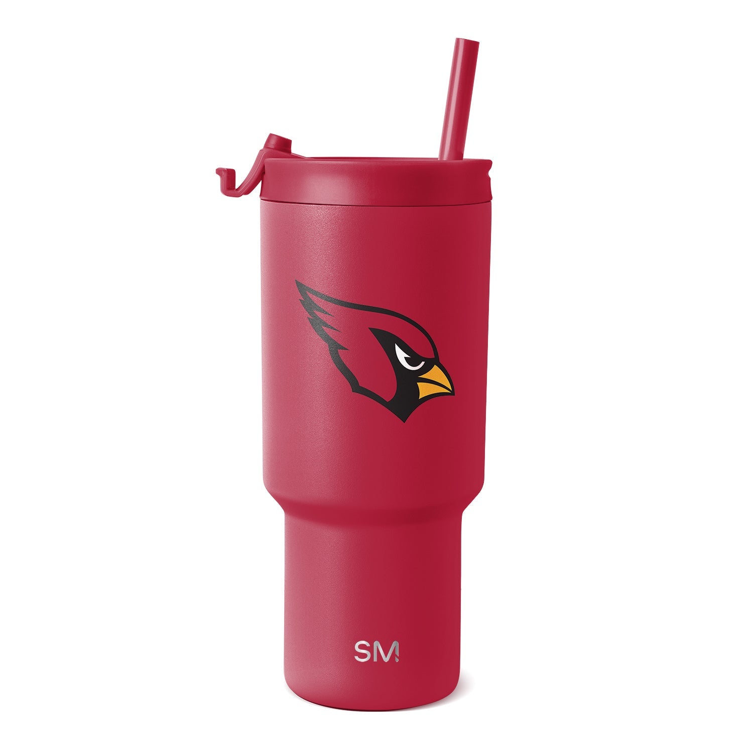 Cardinal red tumbler with Arizona Cardinals logo in black, white, and golden yellow on cylindrical body and matching lid
