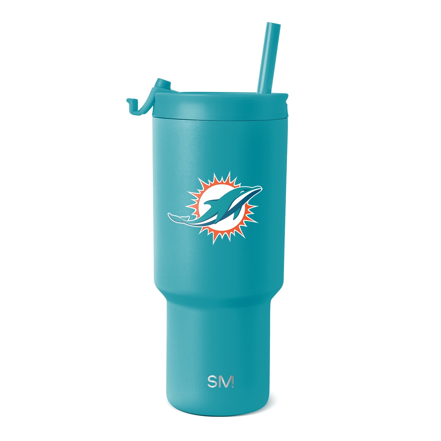 Teal blue tumbler with white and orange logo design accents