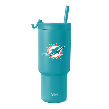Teal blue tumbler with white and orange logo design accents