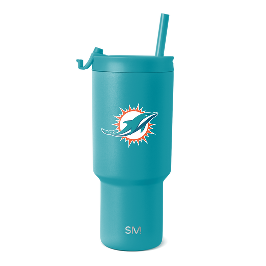 Teal blue tumbler with white and orange logo design accents