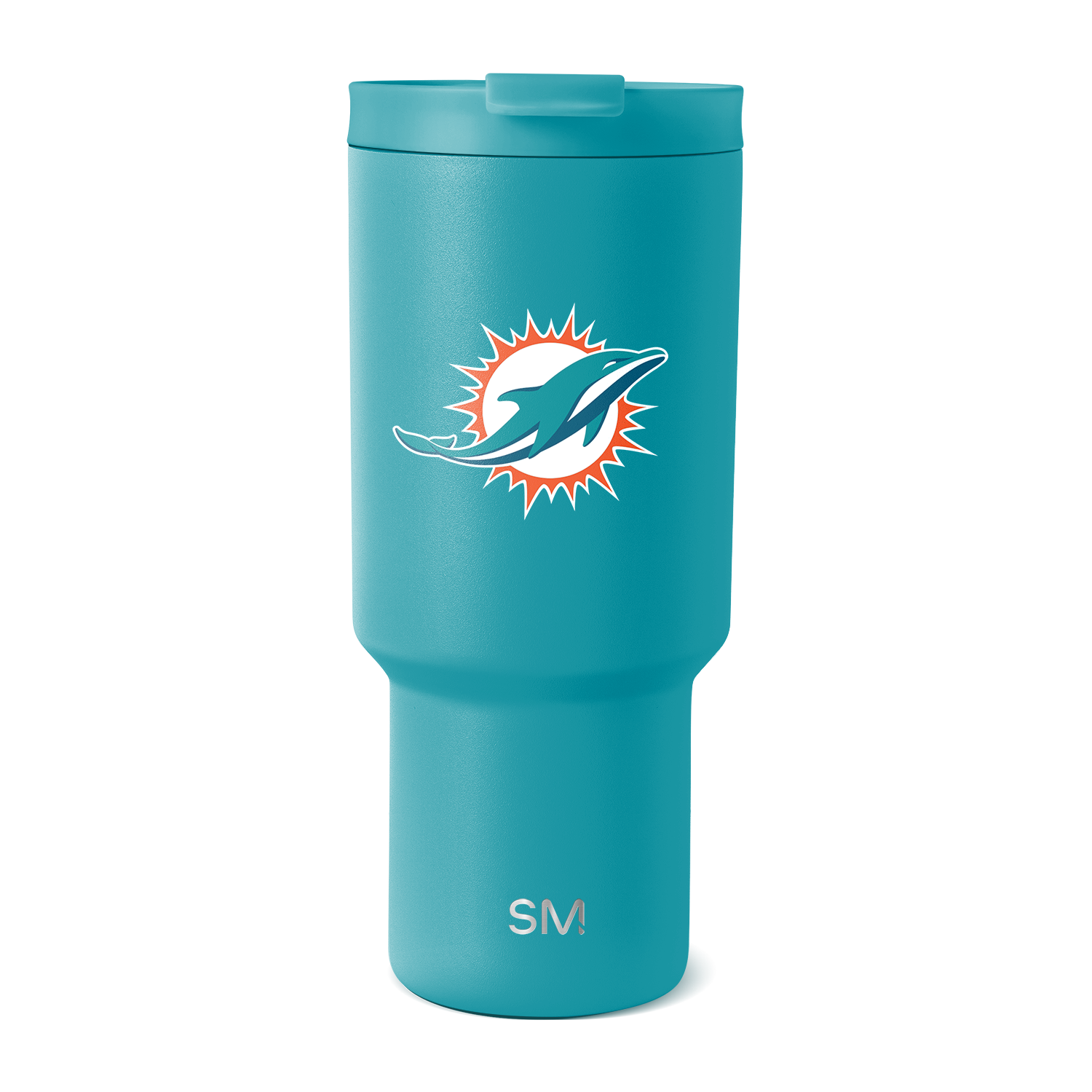 Turquoise teal blue tumbler with white accents and bright orange-red details