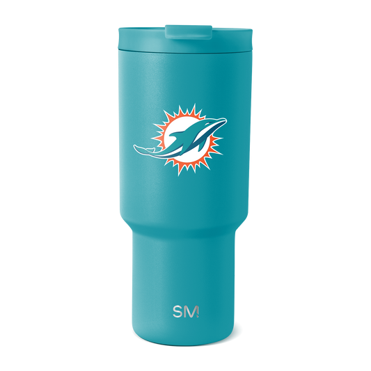 Turquoise teal blue tumbler with white accents and bright orange-red details