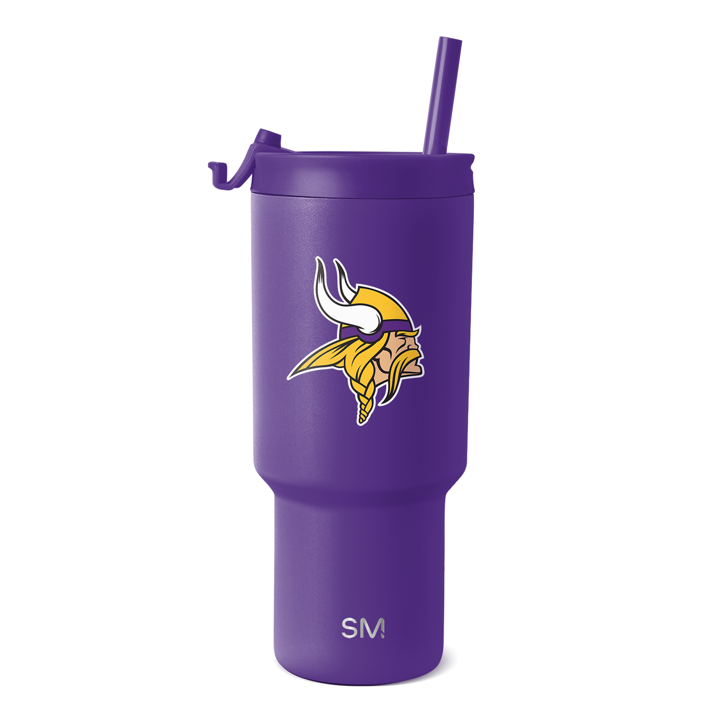 Purple tumbler with yellow and white logo design on white background