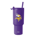 Purple tumbler with yellow and white logo design on white background