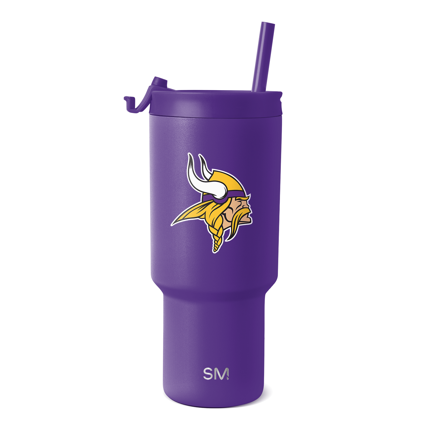 Purple tumbler with yellow and white logo design on white background