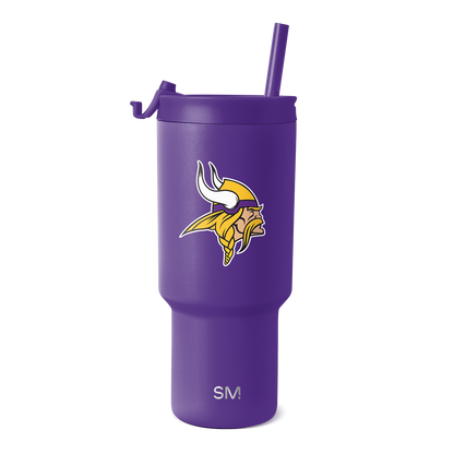 Purple tumbler with yellow and white logo design on white background