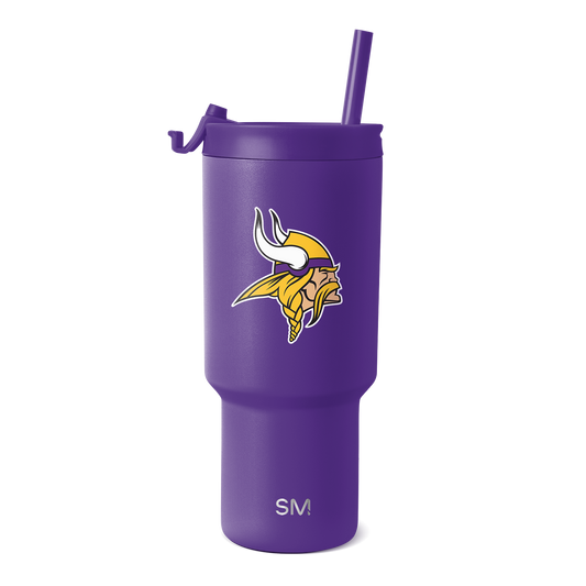 Purple tumbler with yellow and white logo design on white background