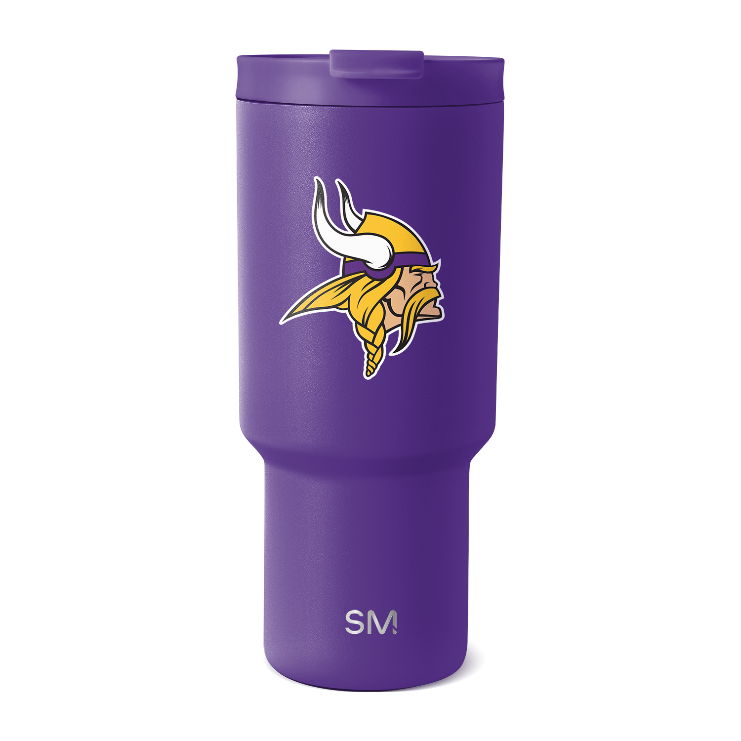 Purple matte metallic tumbler with gold and complementary accent colors, light-reflective finish