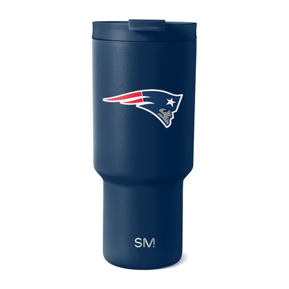 Deep navy blue tumbler with New England Patriots logo featuring bright red wing stripes and white outlines and accents