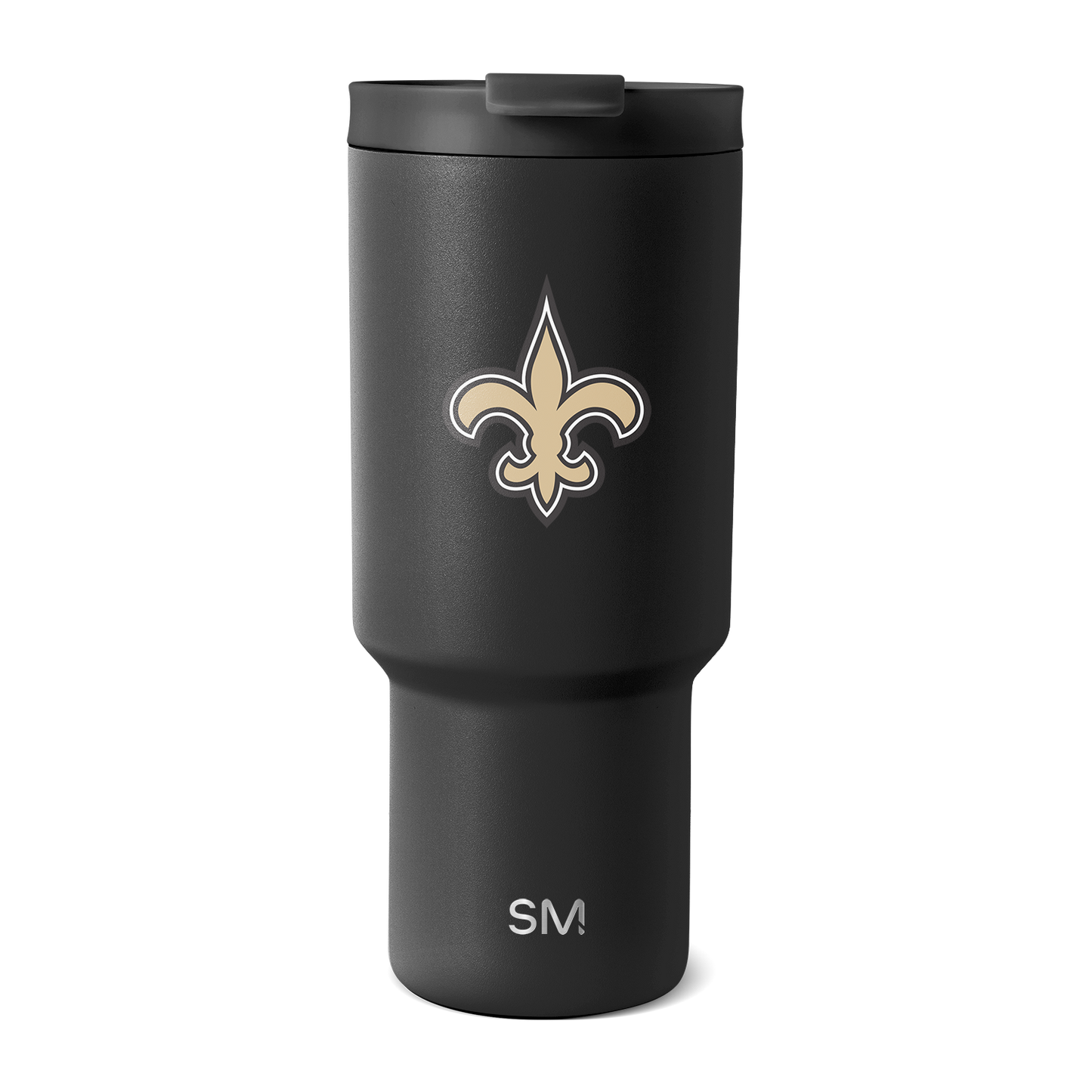 Matte black tumbler with cream and tan fleur-de-lis logo design and white outlines