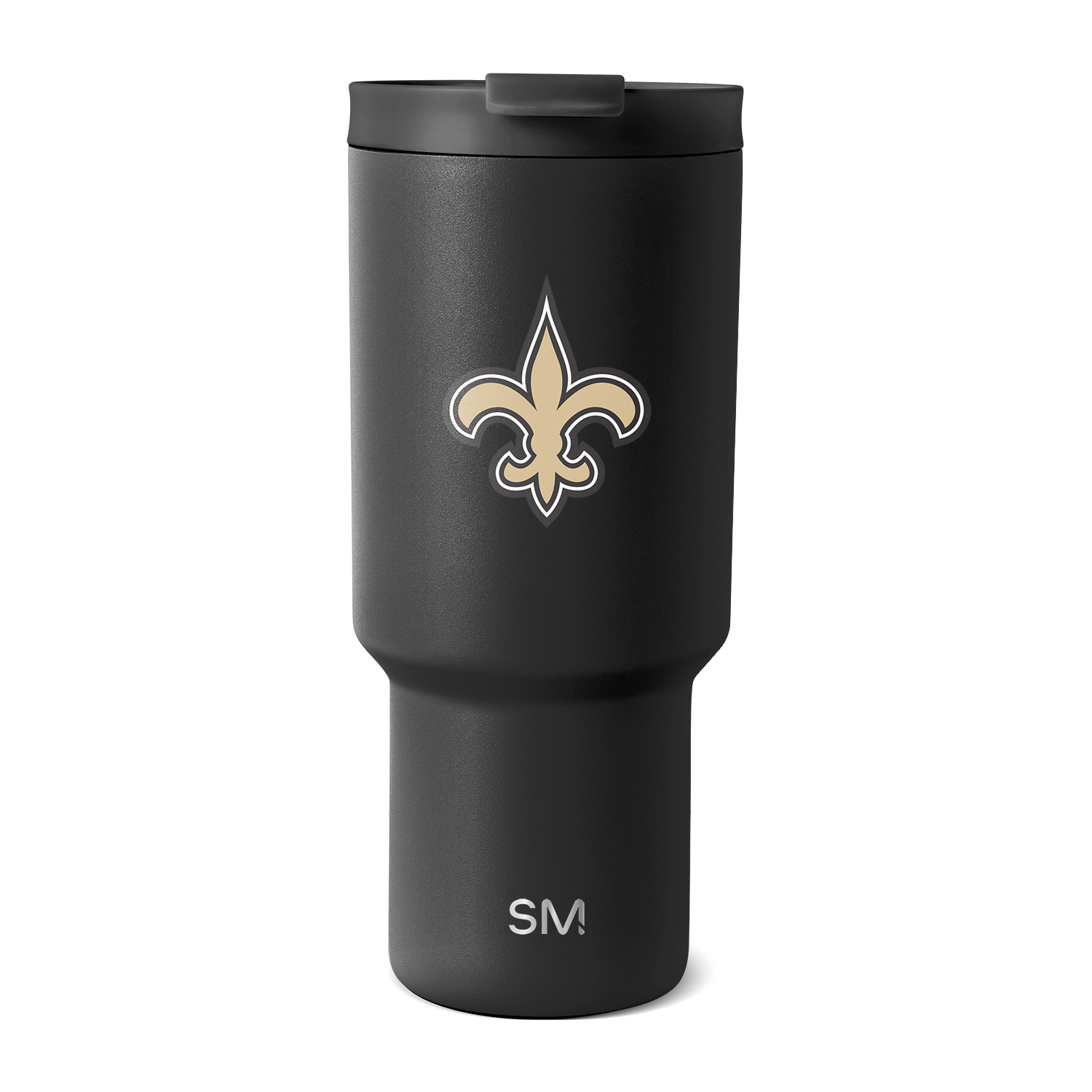 Matte black tumbler with cream and tan fleur-de-lis logo design and white outlines