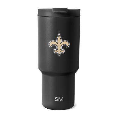 Matte black tumbler with cream and tan fleur-de-lis logo design and white outlines