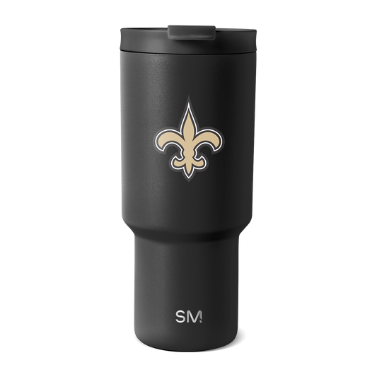 Matte black tumbler with cream and tan fleur-de-lis logo design and white outlines