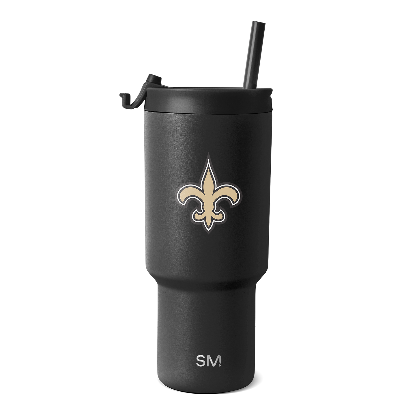 Matte black tumbler with gold and white logo design on white background