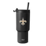 Matte black tumbler with gold and white logo design on white background