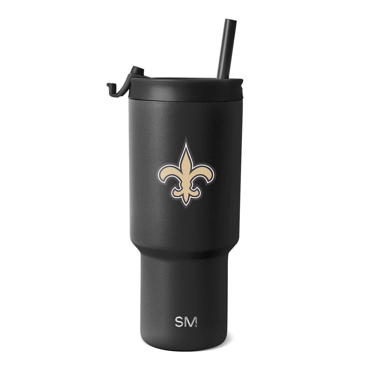 Matte black tumbler with gold and white logo design on white background