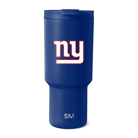 Navy blue insulated tumbler with white and red logo design on front