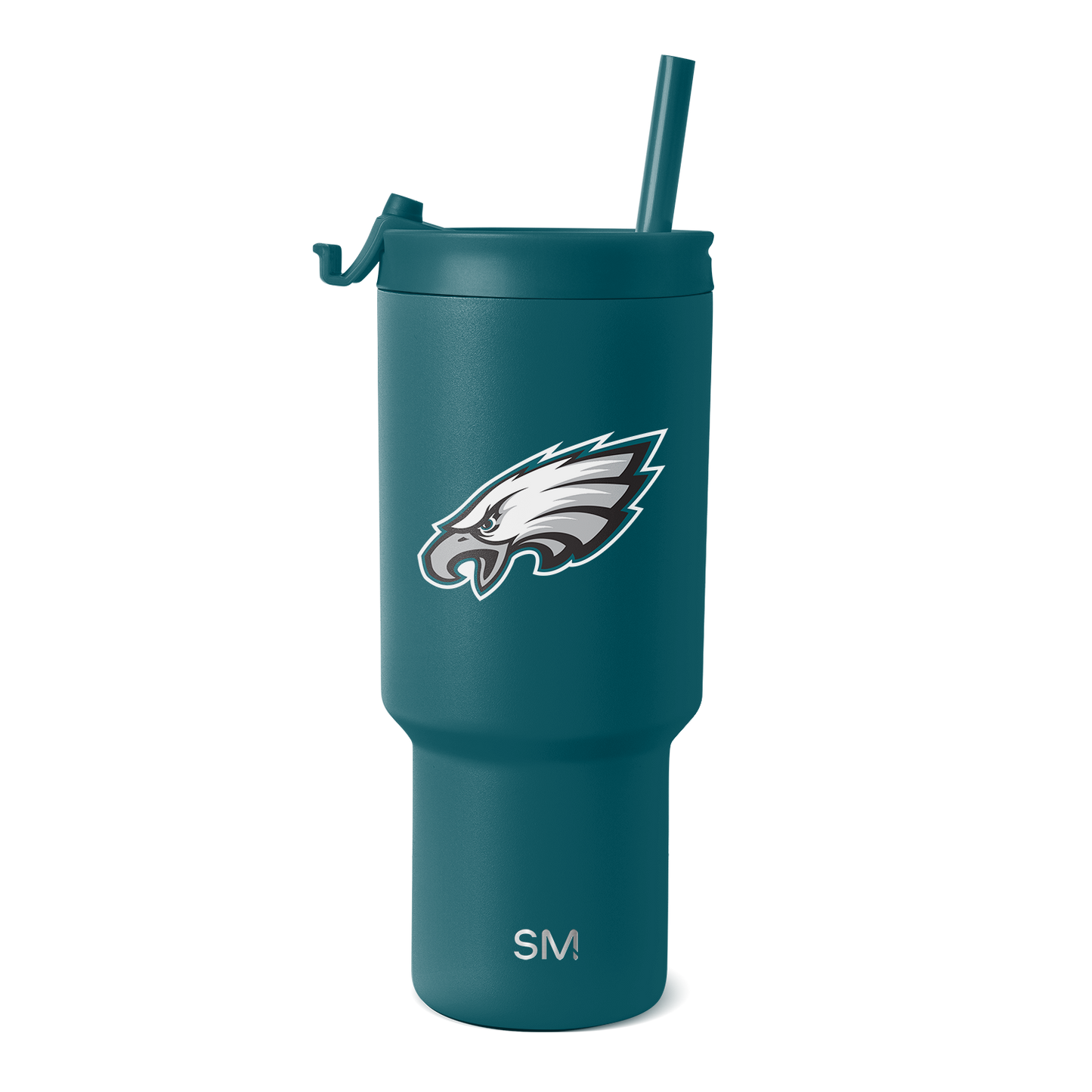 Teal blue-green insulated tumbler with white and gray team logo and branding accents, modern cylindrical design with handle