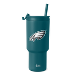Teal blue-green insulated tumbler with white and gray team logo and branding accents, modern cylindrical design with handle
