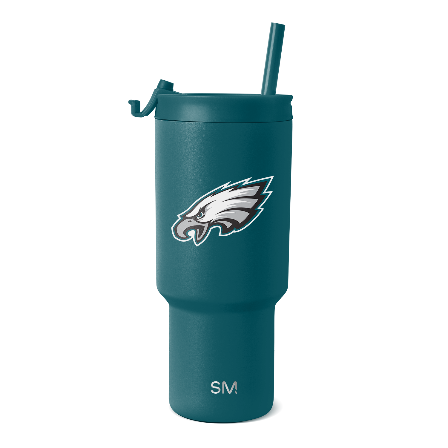 Teal blue-green insulated tumbler with white and gray team logo and branding accents, modern cylindrical design with handle