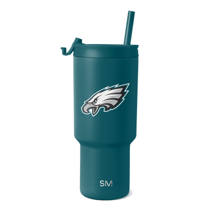 Teal blue-green insulated tumbler with white and gray team logo and branding accents, modern cylindrical design with handle