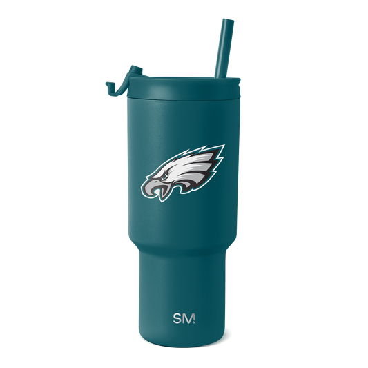 Teal blue-green insulated tumbler with white and gray team logo and branding accents, modern cylindrical design with handle