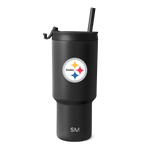 Black insulated tumbler with matte charcoal finish and textured surface, cylindrical body tapering toward base