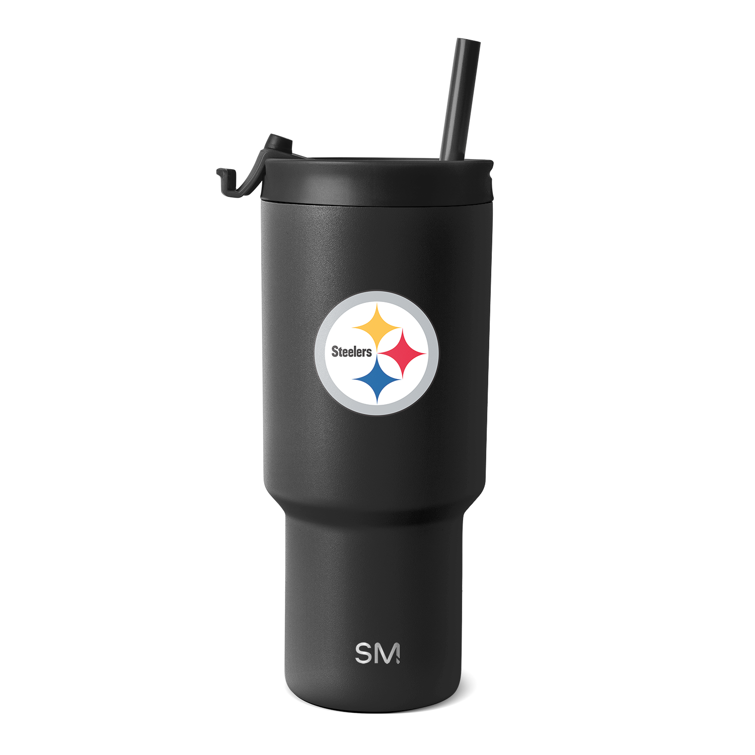 Black insulated tumbler with matte charcoal finish and textured surface, cylindrical body tapering toward base