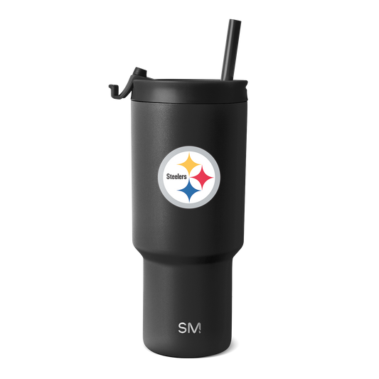 Black insulated tumbler with matte charcoal finish and textured surface, cylindrical body tapering toward base