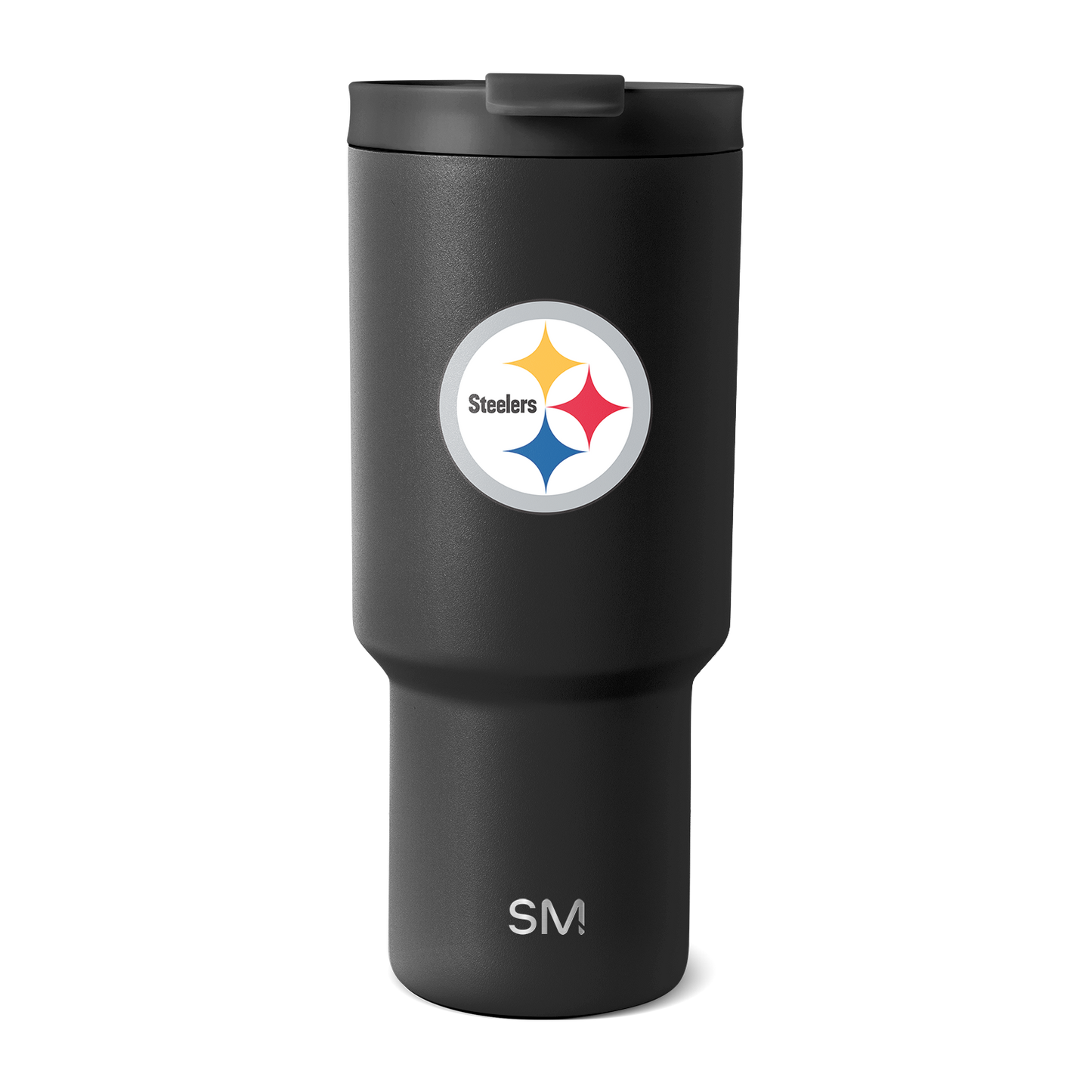 Matte black Pittsburgh Steelers drinkware featuring the team's logo with gold, red, and navy blue four-pointed star design.