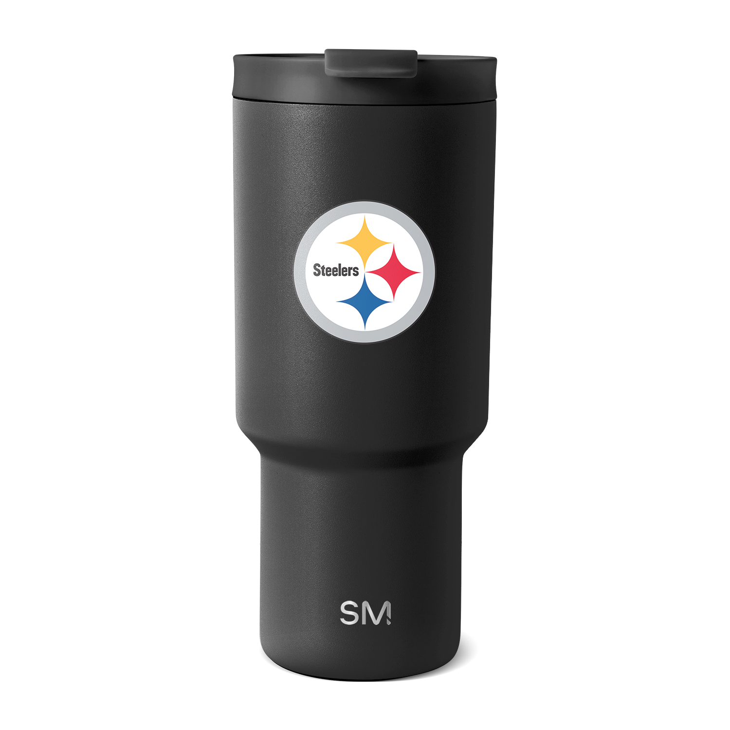 Matte black Pittsburgh Steelers drinkware featuring the team's logo with gold, red, and navy blue four-pointed star design.