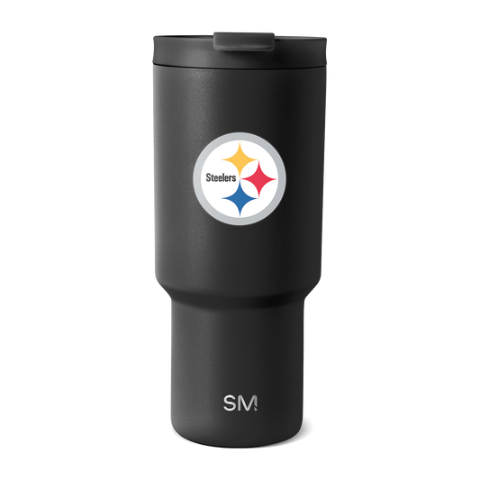 Matte black Pittsburgh Steelers drinkware featuring the team's logo with gold, red, and navy blue four-pointed star design.