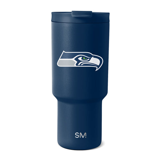 Navy blue matte tumbler with white logo and Seattle branding text