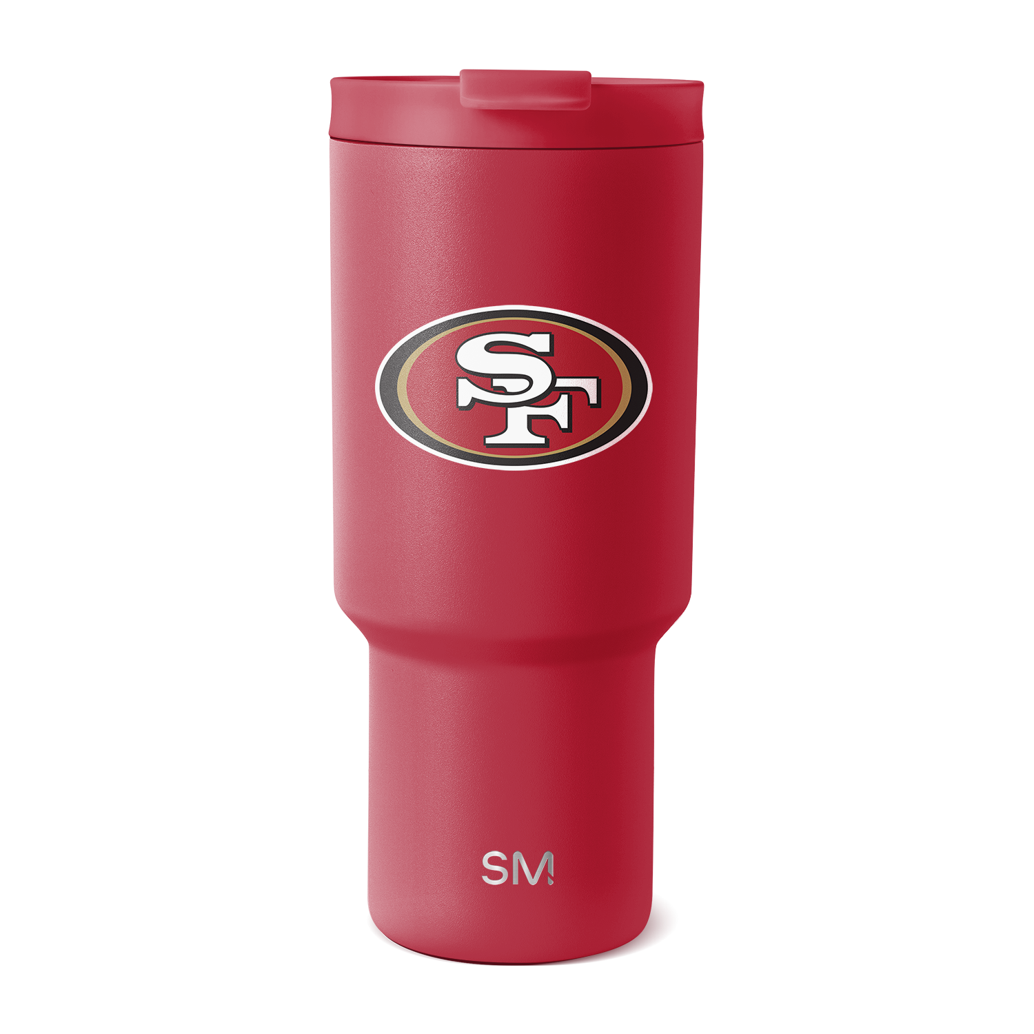 Bold red-pink insulated drinkware with white and metallic silver-gray logo accents