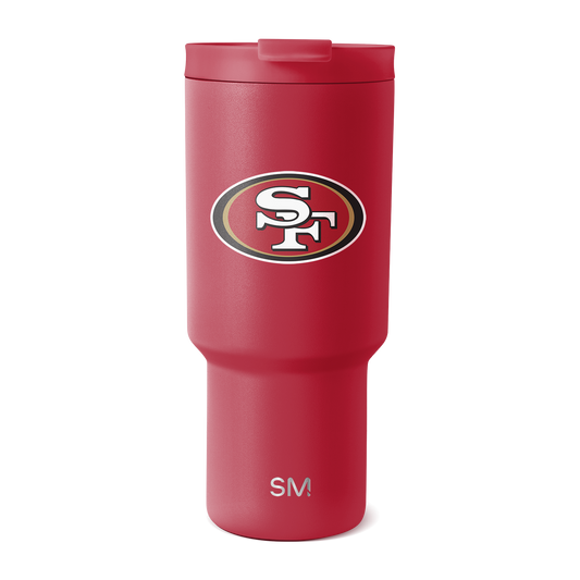 Bold red-pink insulated drinkware with white and metallic silver-gray logo accents
