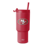 Red tumbler with matching lid, handle, and straw on white background
