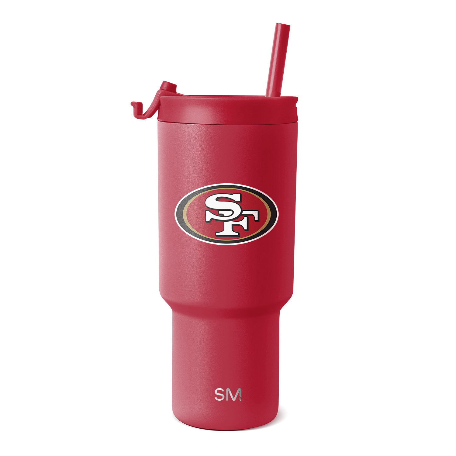 Red tumbler with matching lid, handle, and straw on white background