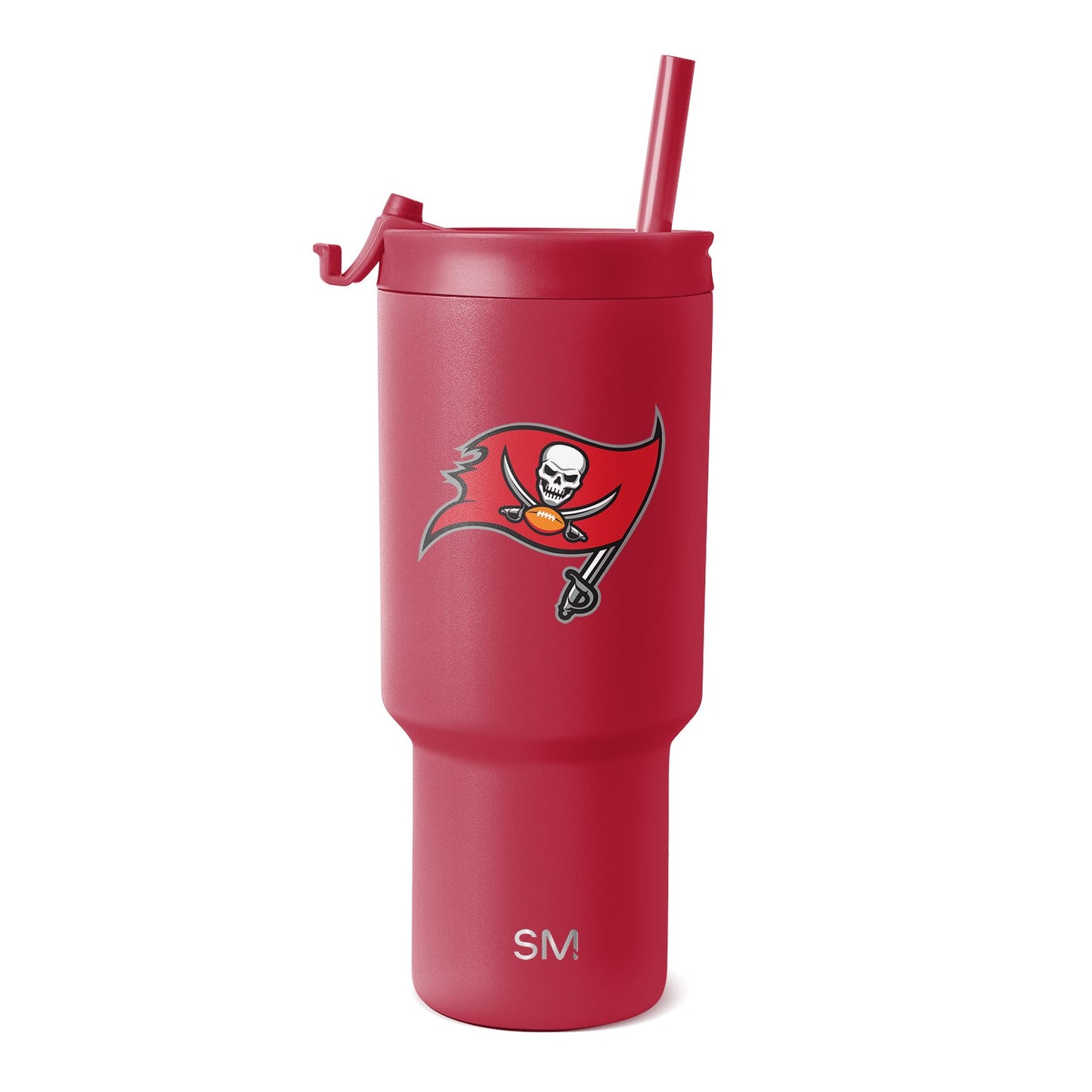 Crimson red tumbler with matching red lid, handle, and straw. White team logo and SM branding visible on front.