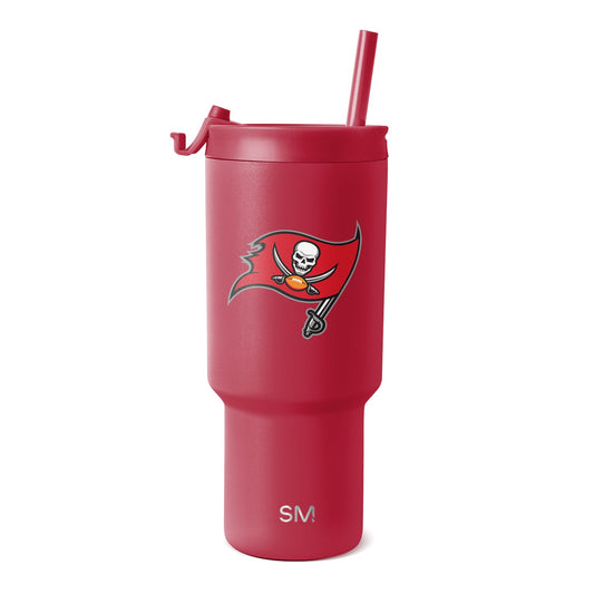 Crimson red tumbler with matching red lid, handle, and straw. White team logo and SM branding visible on front.