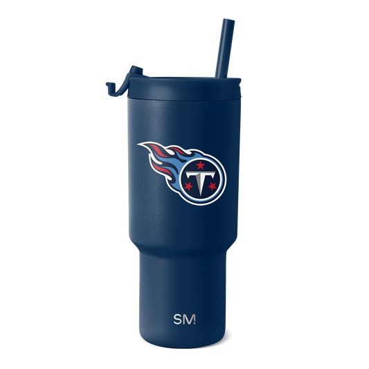 Navy blue matte textured Tennessee Titans NFL drinkware with white outlined team logo and navy blue accents
