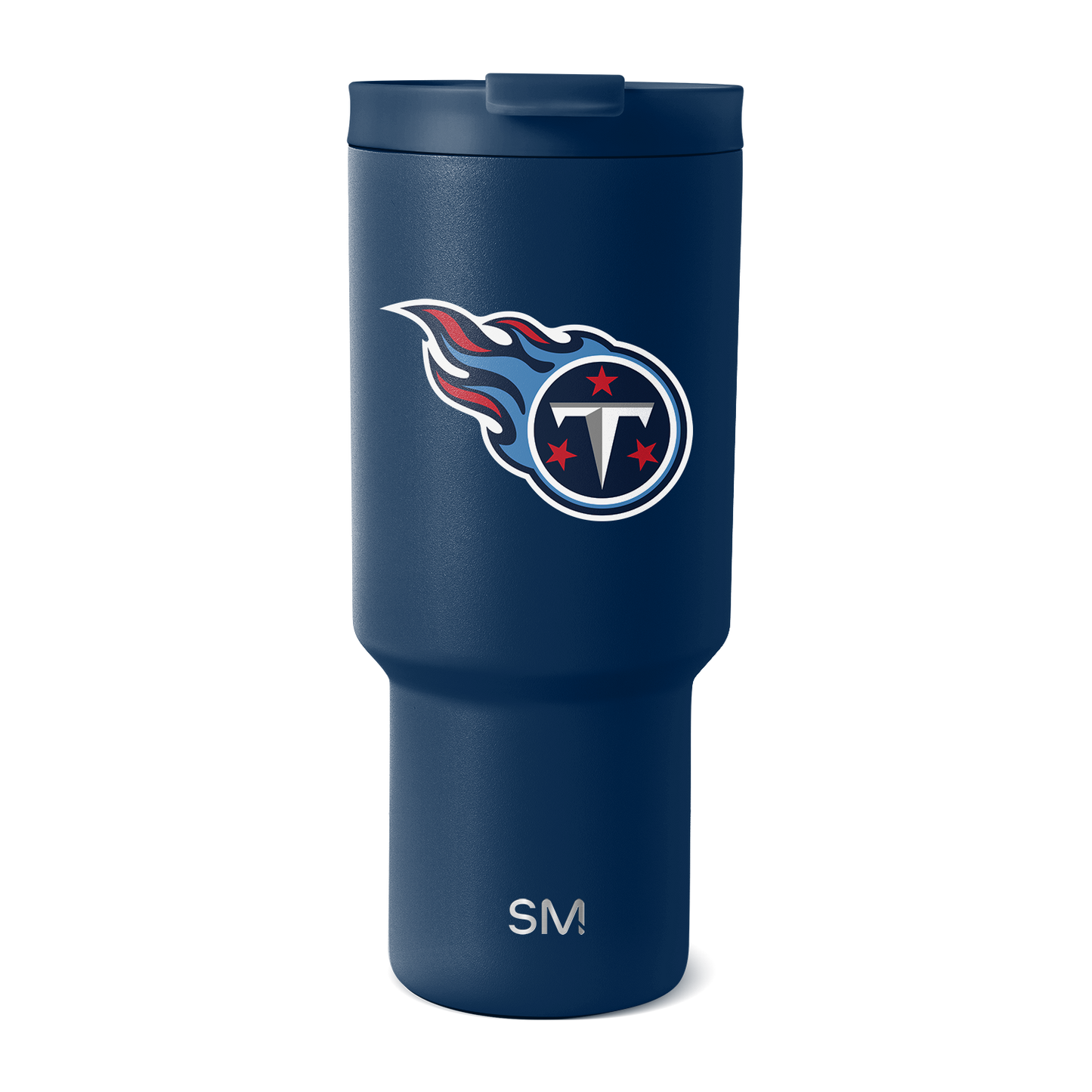 Deep navy blue insulated tumbler with tapered lower section and wider upper portion, shown against white background.