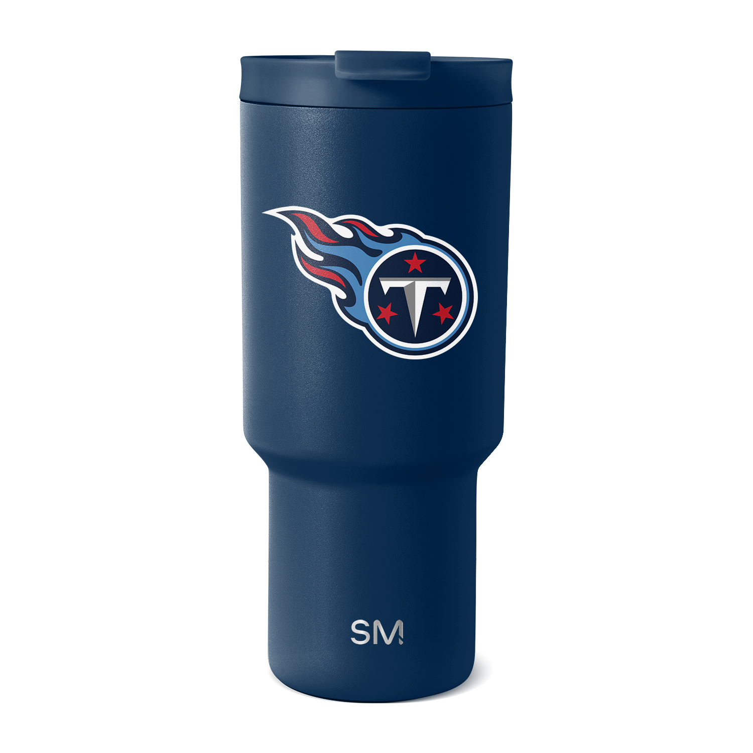 Deep navy blue insulated tumbler with tapered lower section and wider upper portion, shown against white background.