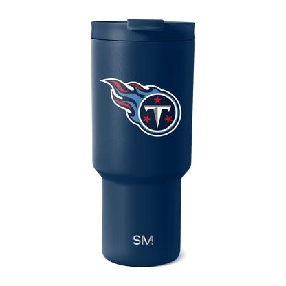Deep navy blue insulated tumbler with tapered lower section and wider upper portion, shown against white background.