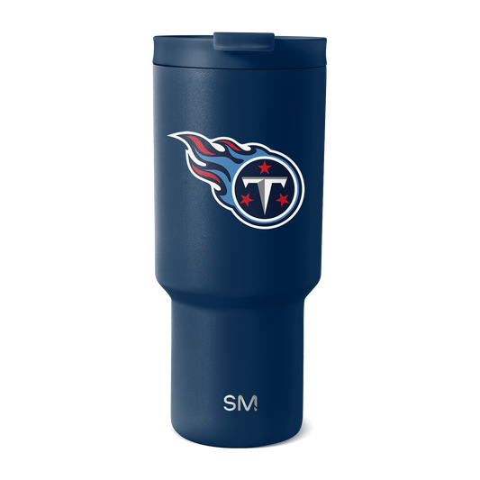 Deep navy blue insulated tumbler with tapered lower section and wider upper portion, shown against white background.