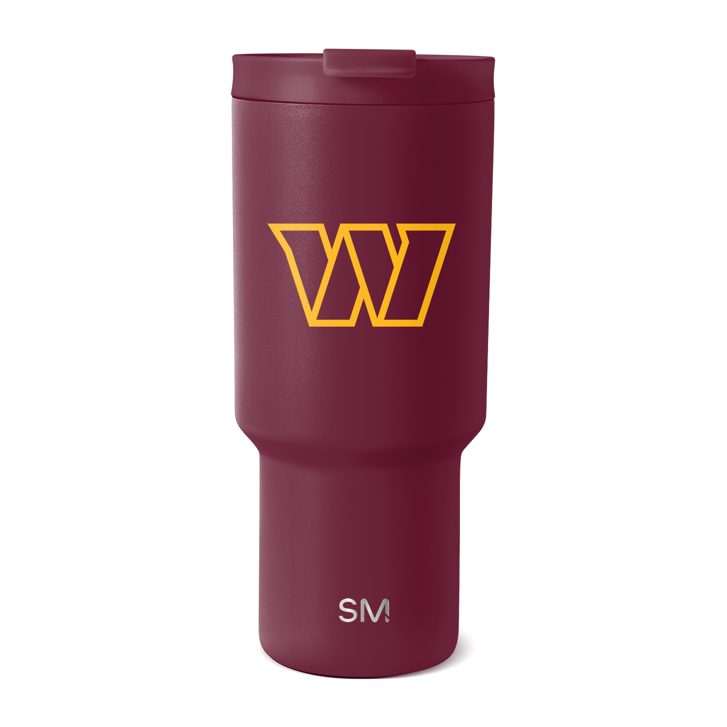 Burgundy matte tumbler with golden yellow logo and white text on lower portion