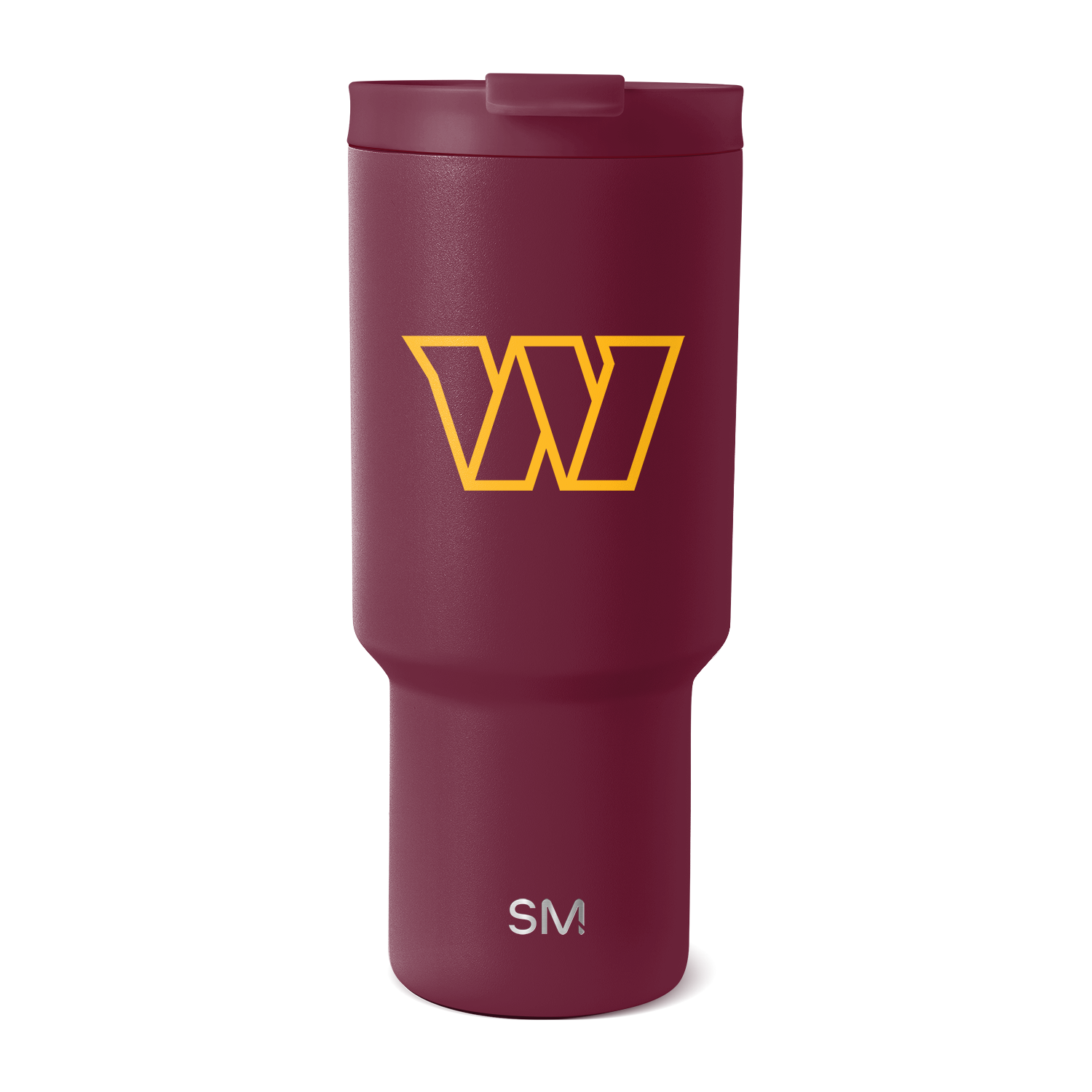 Burgundy matte tumbler with golden yellow logo and white text on lower portion