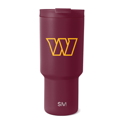 Burgundy matte tumbler with golden yellow logo and white text on lower portion
