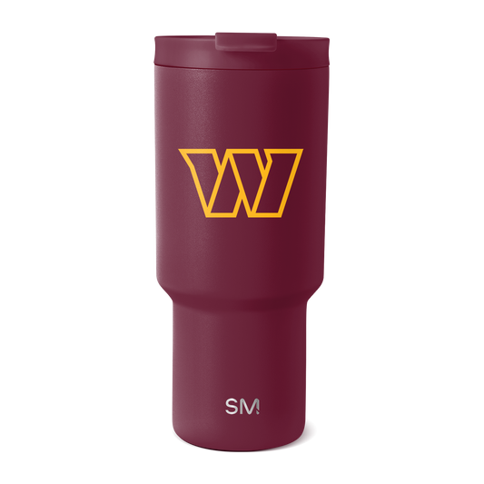 Burgundy matte tumbler with golden yellow logo and white text on lower portion